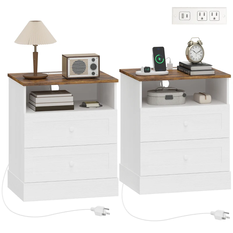 HOMCOM Nightstand with Charging Station 2 Drawers Bedside Table Set of 2 White and Oak