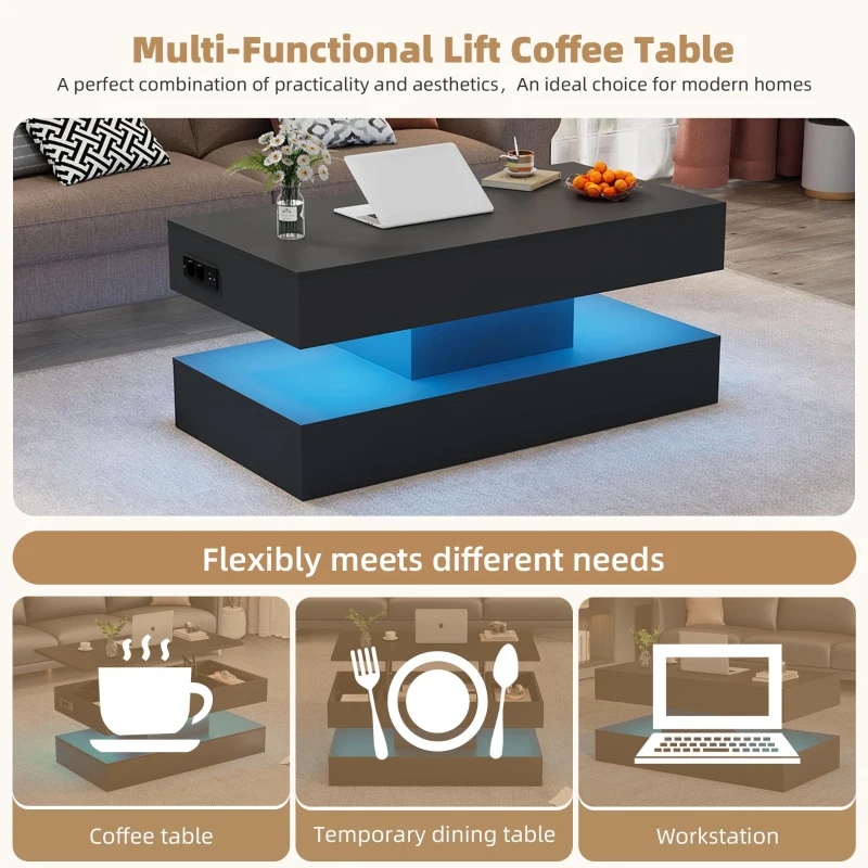 Modern Lift-Up Coffee Table with Bluetooth App-Controlled RGB Lights, Functional Center Table with Hidden Storage, 39.5" L x 19.5" W x 22" H, Black