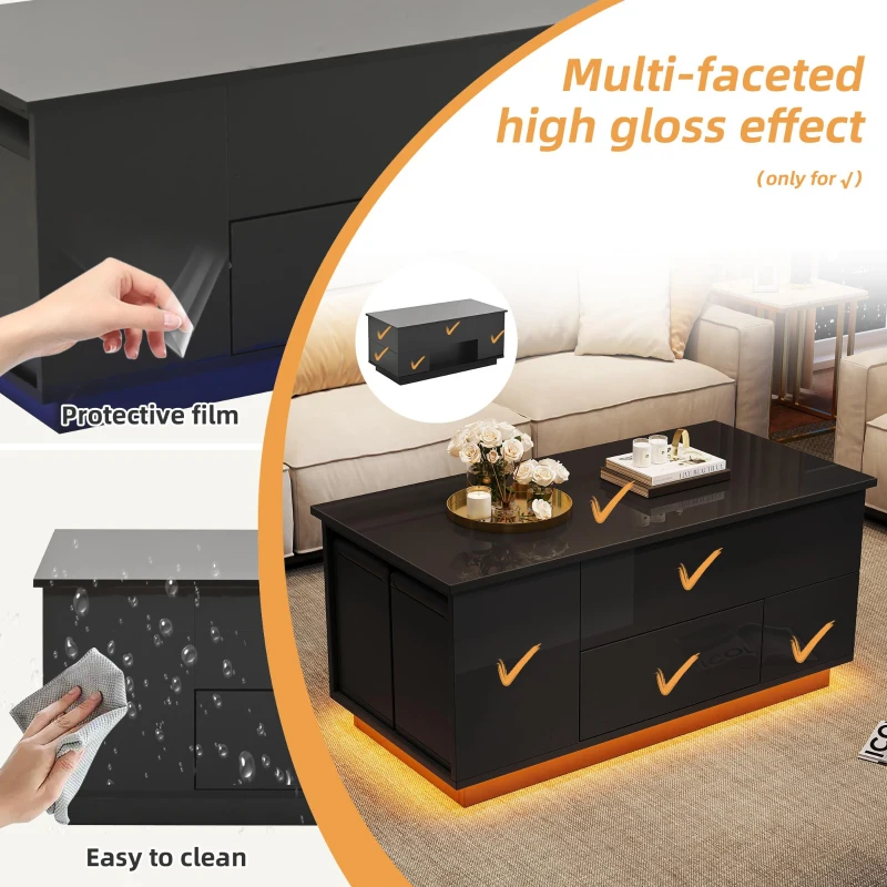 4-in-1 Coffee Table with Height-Adjustable Hydraulic Lift, Versatile Center Table with 2 Soft-Close Drawers, 39.5" L x 19.5" W x 23" H, Black