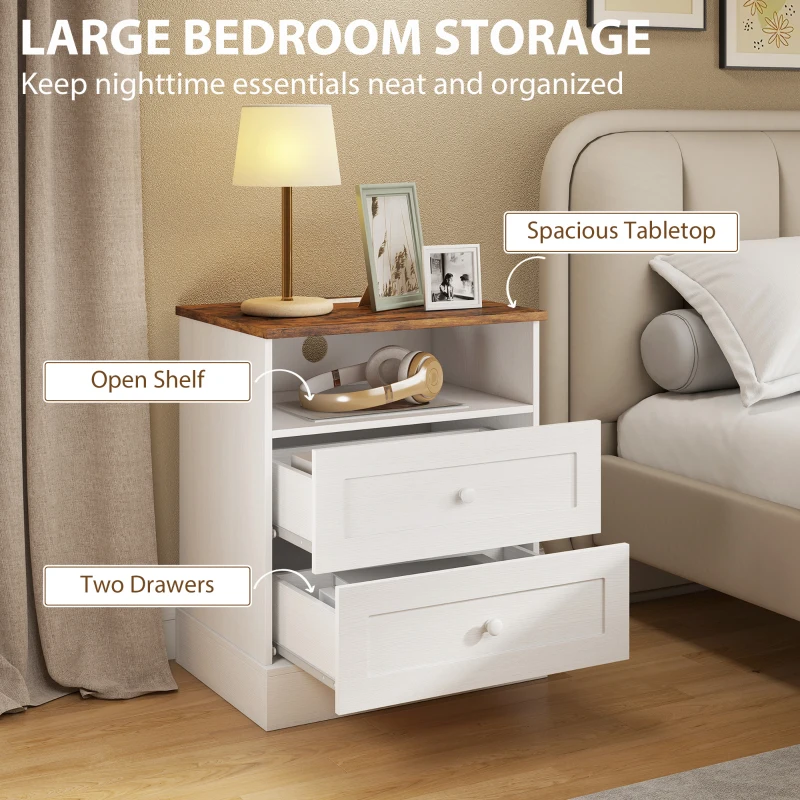 HOMCOM Nightstand with Charging Station 2 Drawers Bedside Table Set of 2 White and Oak
