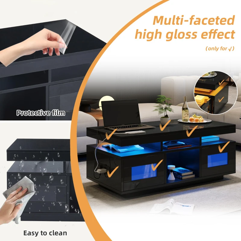 High Gloss Coffee Table with App-Controlled LED Light Strip, Functional Center Table with 2 Soft-Close Acrylic Cabinets, 39.5" L x 19.5" W x 17" H, Black