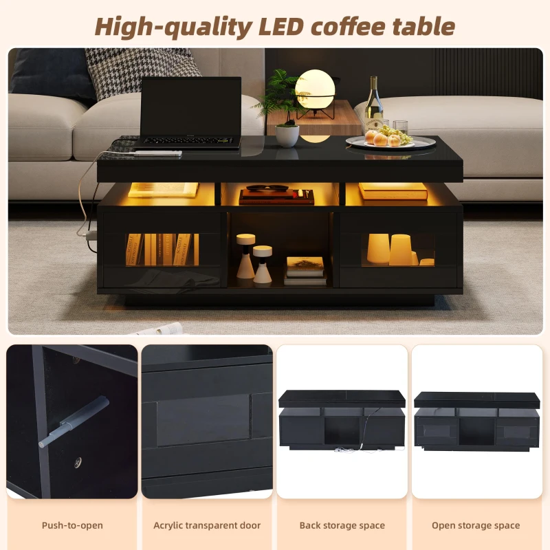 High Gloss Coffee Table with App-Controlled LED Light Strip, Functional Center Table with 2 Soft-Close Acrylic Cabinets, 39.5" L x 19.5" W x 17" H, Black
