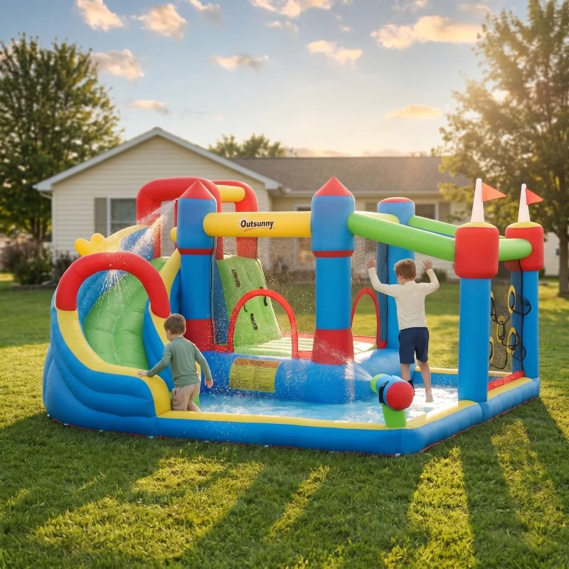 Outsunny 6-in-1 Inflatable Water Slide with Splash Pool, Slide, Climbing Wall, Water Cannon, Inflatable Bounce House for Kids with 2 Min. Inflation and Air Blower
