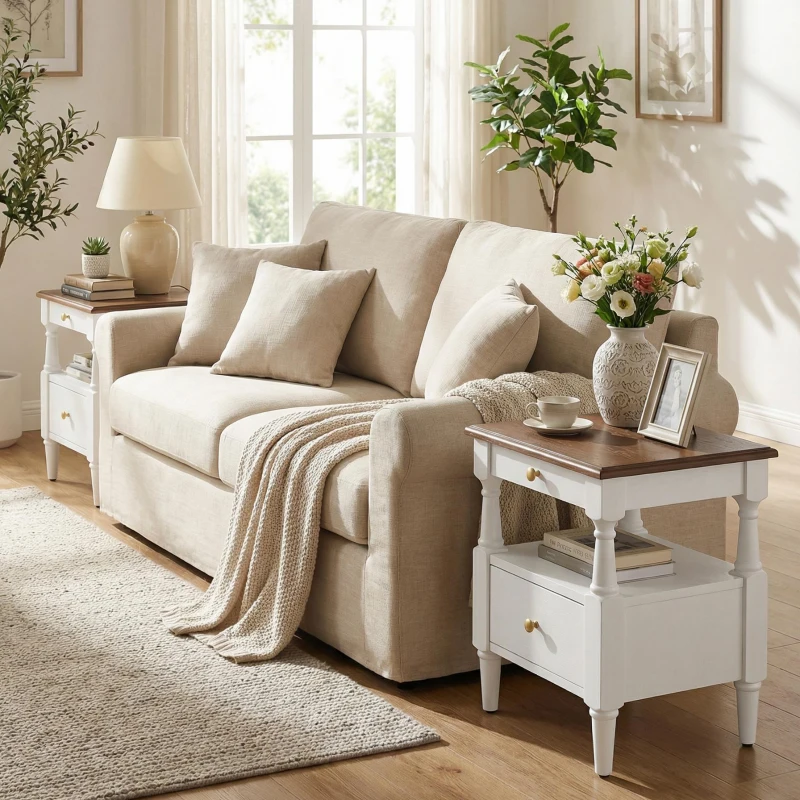 Modern Wooden Nightstand with Drawers and Open Shelf, Solid Wood Bedside Table with Non-Slip Rubber Feet, 19'' L x 15'' W x 22.5'' H, Milk White