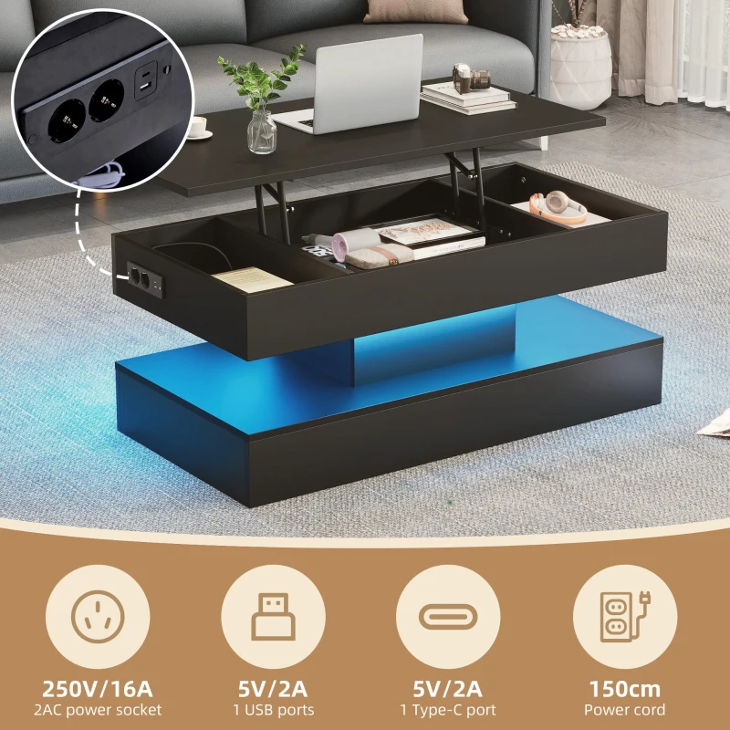 Modern Lift-Up Coffee Table with Bluetooth App-Controlled RGB Lights, Functional Center Table with Hidden Storage, 39.5" L x 19.5" W x 22" H, Black