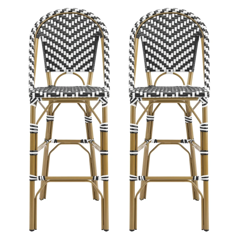 PE Rattan Bar Stools with Rust-Resistant Aluminum Frame, Set of 2 Bar Chairs with Durable Woven Wicker, 18'' L x 24.5'' W x 45.5'' H, White+Black