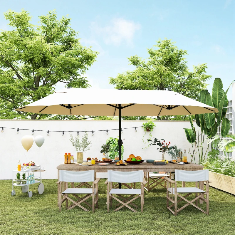 Outsunny 15' Outdoor Patio Umbrella with Twin Canopy Sunshade Steel Table Umbrella with Lift Crank Beige