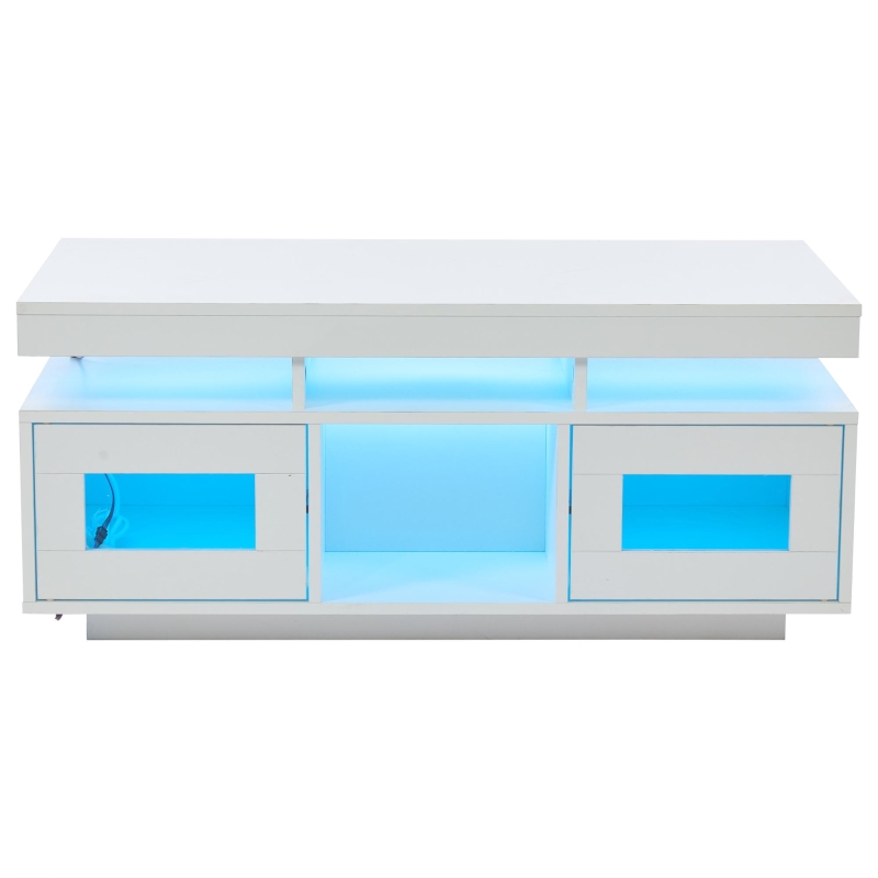 High Gloss Coffee Table with App-Controlled LED Light Strip, Functional Center Table with 2 Soft-Close Acrylic Cabinets, 39.5" L x 19.5" W x 17" H, White