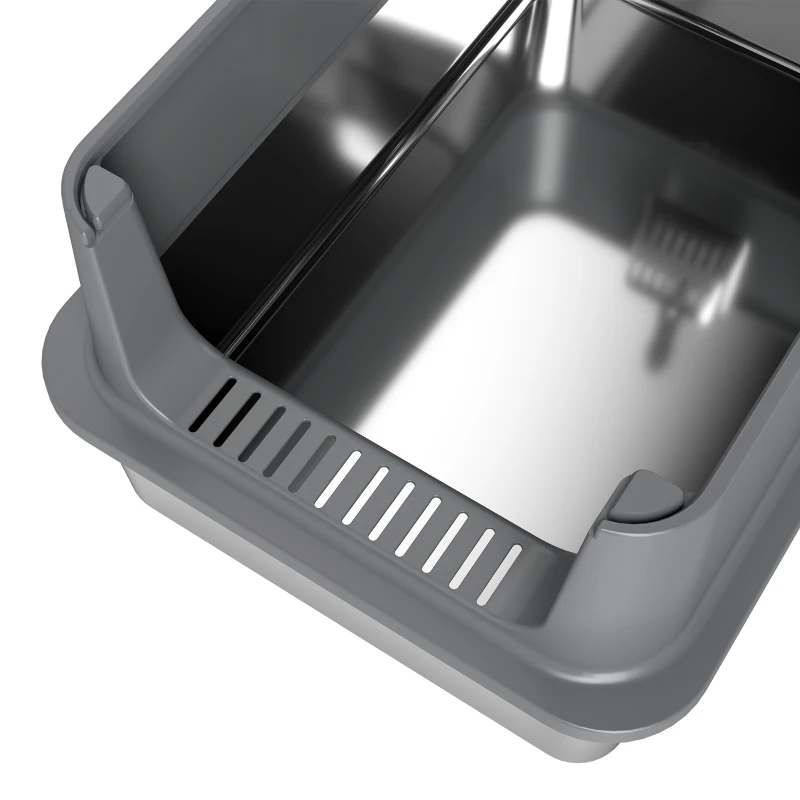 PawHut XL Stainless Steel Cat Litter Box for Big and Multiple Cats with High Wall Side, Scoop, Easy Cleaning & Odor Free