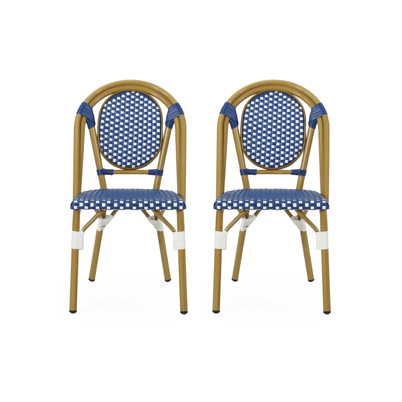 Outdoor Bistro Chairs with Rust-Resistant Aluminium Frame, Flat-Wicker Armless Seats with Polyethylene Rattan, 18.5'' L x 21.5'' W x 34.5'' H, White+Blue