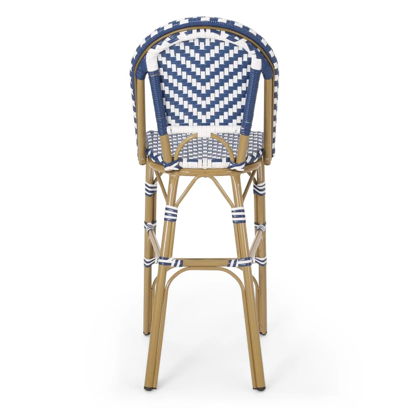 PE Rattan Counter Chairs with Rust‑Resistant Aluminium Frame, Set of 2 Outdoor Barstool with Bamboo‑Print Finish, 18'' L x 24.5'' W x 45.5'' H, White+Blue