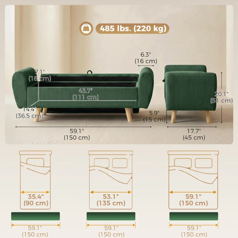 HOMCOM Storage Ottoman, 59" Corduroy End of Bed Storage Bench for King Size Bed with Wooden Legs and Rolled Arms, Dark Green