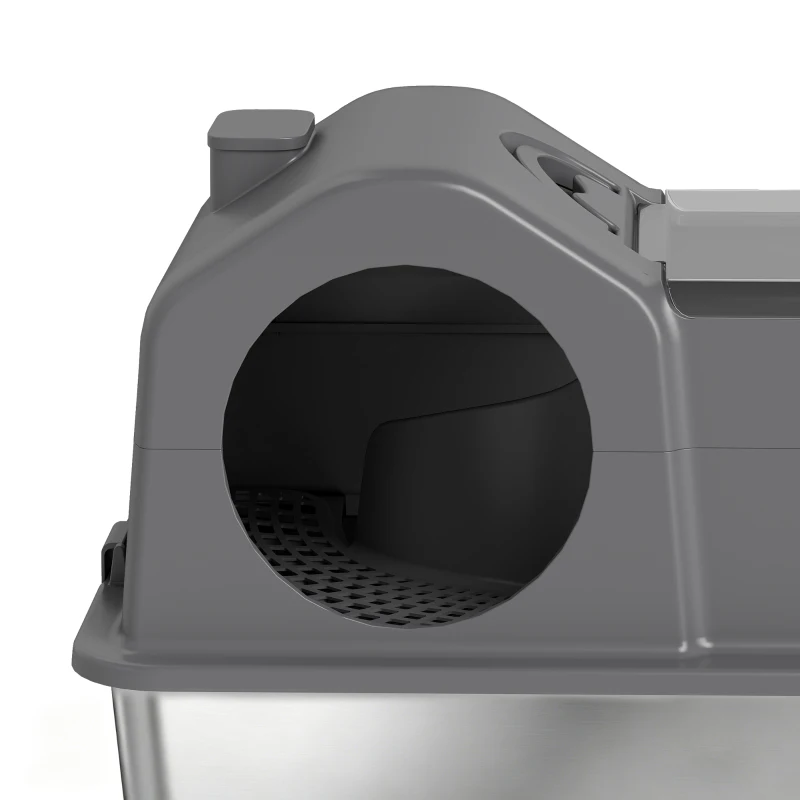 PawHut Extra Large Stainless Steel Cat Litter Box w/ High Sided, Removable Lid, Scoop, Odor Free, Non-Sticky, Dark Grey