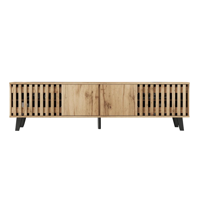 Modern Vintage TV Stand for 65-Inch TV with Perforated Side Doors, Spacious TV Cabinet with 8 Shelves, 39.5" L x 19.5" W x 17" H, Natural