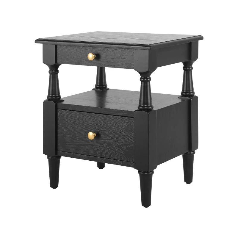 Set of 2 Black Wooden Nightstands with Drawers and Open Shelf, Textured Bedside Tables with Non-Slip Rubber Pads, 19'' L x 15'' W x 22.5'' H, Black