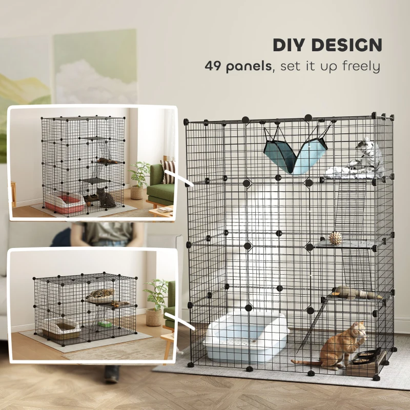 PawHut 4-Tier DIY Large Cat Cage with Hammock, Platforms, Ramps, Accessories for 1-3 Cats, Indoor Use, Black
