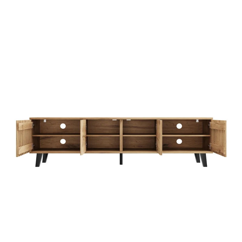 Modern Vintage TV Stand for 65-Inch TV with Perforated Side Doors, Spacious TV Cabinet with 8 Shelves, 39.5" L x 19.5" W x 17" H, Natural