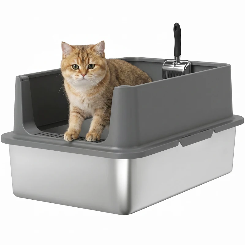 PawHut XL Stainless Steel Cat Litter Box for Big and Multiple Cats with High Wall Side, Scoop, Easy Cleaning & Odor Free