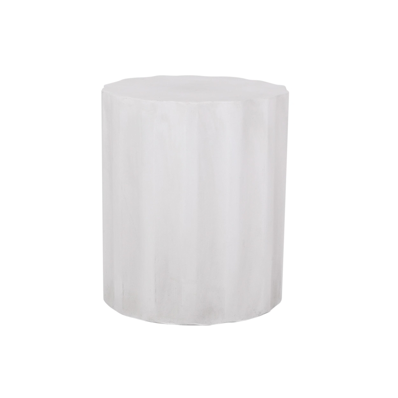 Outdoor Concrete Side Table with Subtly Fluted Cylindrical Base, Cylindrical Accent Table with Soft Wave Edge, 15.5'' L x 15.5'' W x 18'' H, Antique White