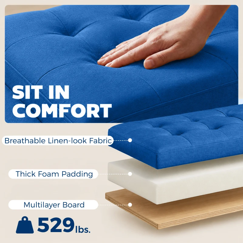 HOMCOM Storage Ottoman, Storage Bench with Wooden Legs, Tufted Armrests for Entryway, Living Room, Bedroom, 36.6", Blue