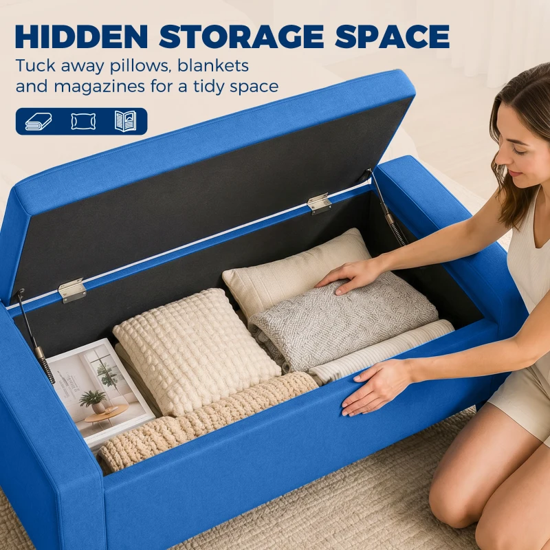 HOMCOM Storage Ottoman, Storage Bench with Wooden Legs, Tufted Armrests for Entryway, Living Room, Bedroom, 36.6", Blue