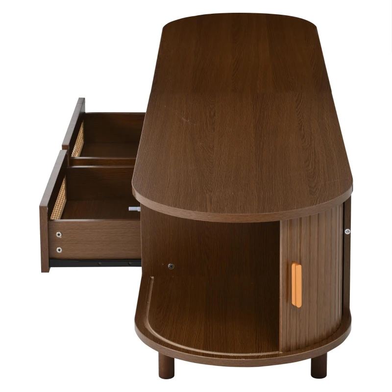 Modern TV Stand with 2 Rattan Drawers and 2 Sliding Doors, Rounded-Corner TV Cabinet with Centre Rattan Panel, 65" L x 15.5" W x 15.5" H, Walnut