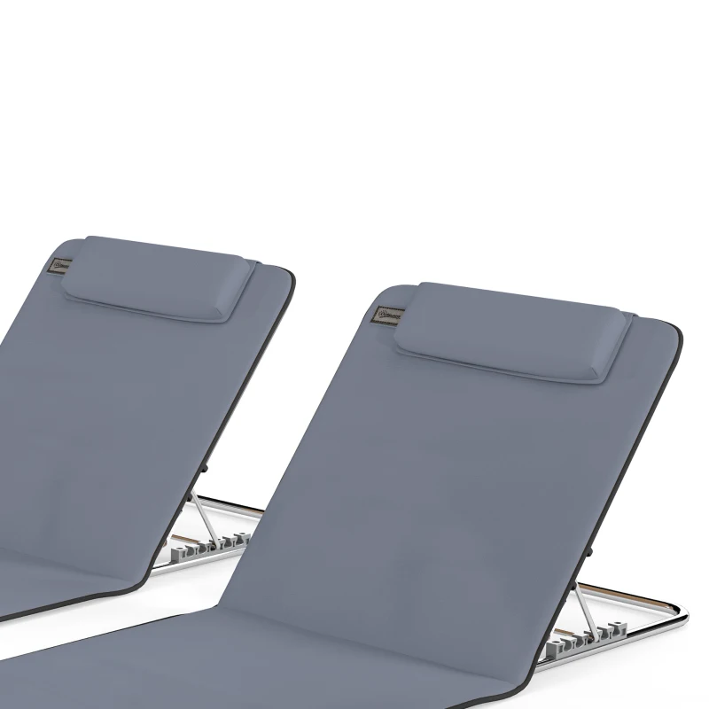 Outsunny 2 Pieces Beach Lounge Chair, Outdoor Folding Chaise Lounge Set w/ Pillow for Sunbath, Snap, Grey