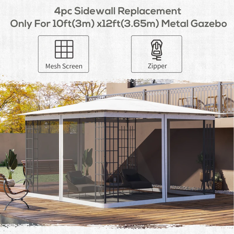 Outsunny Replacement Mosquito Netting for Gazebo 10' x 12' Black Screen Walls for Canopy with Zippers, White