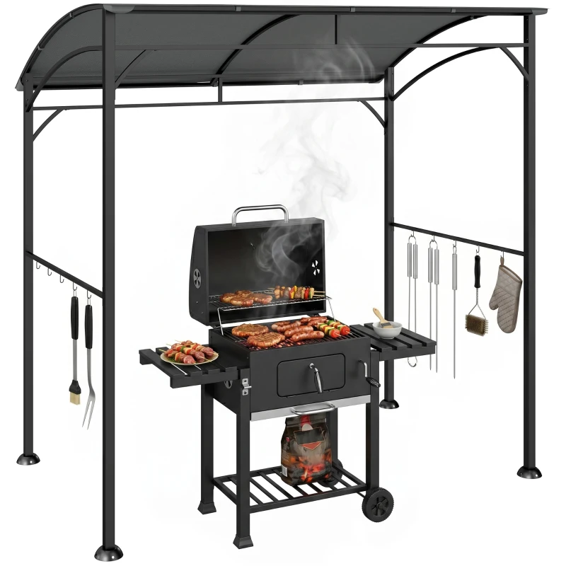 Outsunny 7' x 5' Garden Grill Canopy, BBQ Grill Gazebo Tent with Steel Frame and Hooks, Outdoor Sun Shade, Charcoal Grey