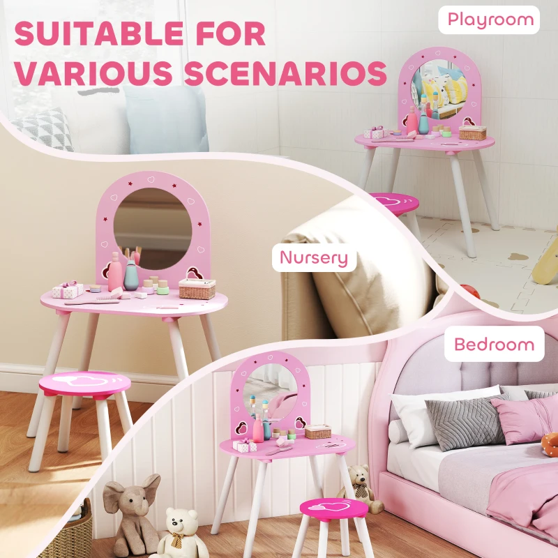 Qaba Kids Dressing Table with Mirror and Stool, Girls Vanity Set for Bedroom, Nursery, for Ages 3-6, Pink