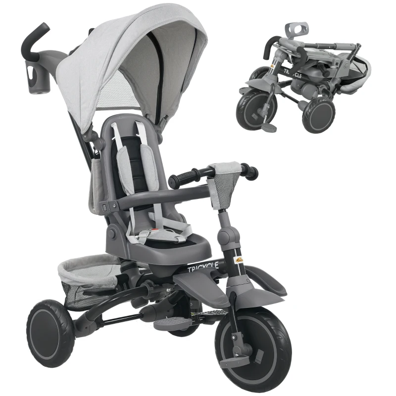Qaba 6 in 1 Kids Tricycle with Adjustable Push Handle, Removable Canopy, Reversible Seat, for 1-5 Years, Gray