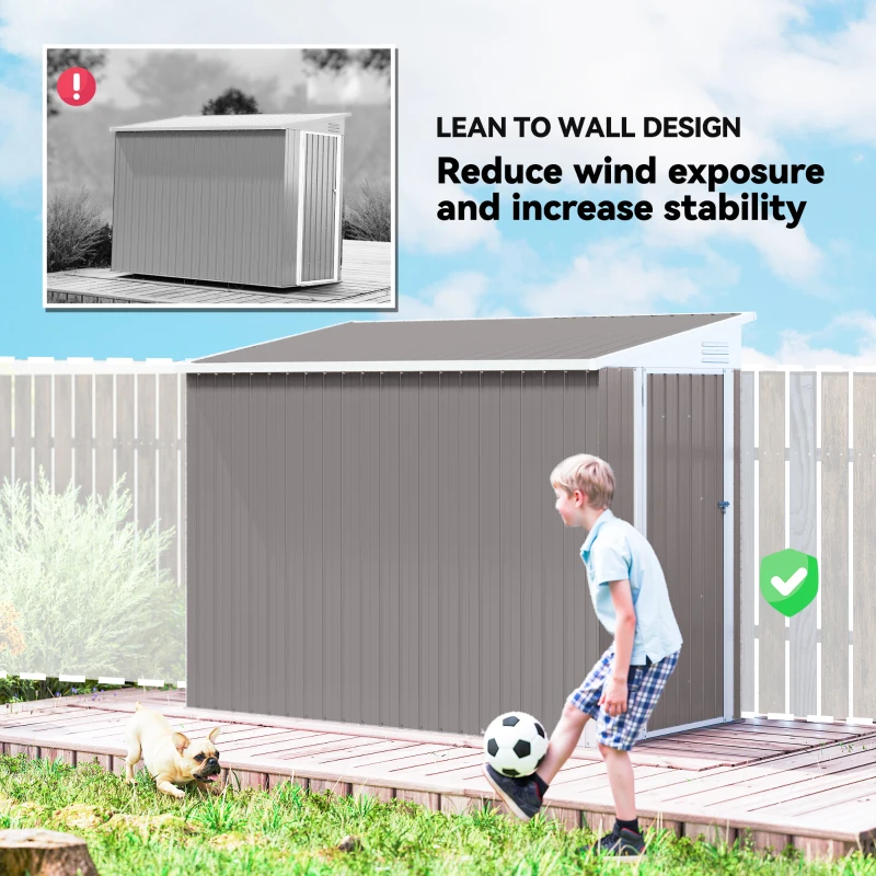 Outsunny 4' x 8' Outdoor Storage Shed Lean to Shed Outdoor Metal Tool Shed with Lockable Door and Air Vents, Light Grey