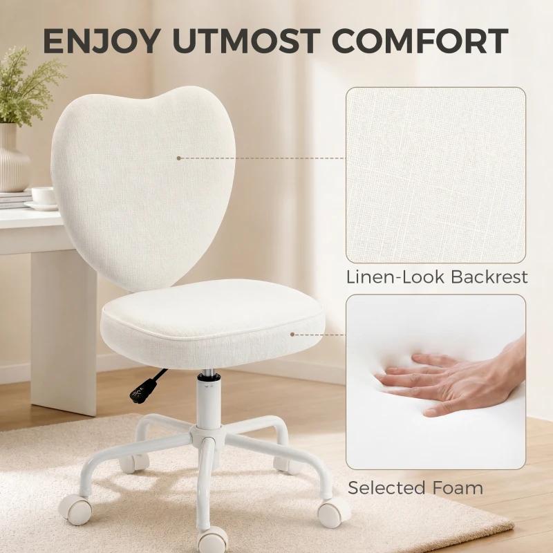 HOMCOM Heart Love Shaped Back Design Vanity Chair,  Office Chair with Adjustable Height and 360 Swivel Castor Wheels, White