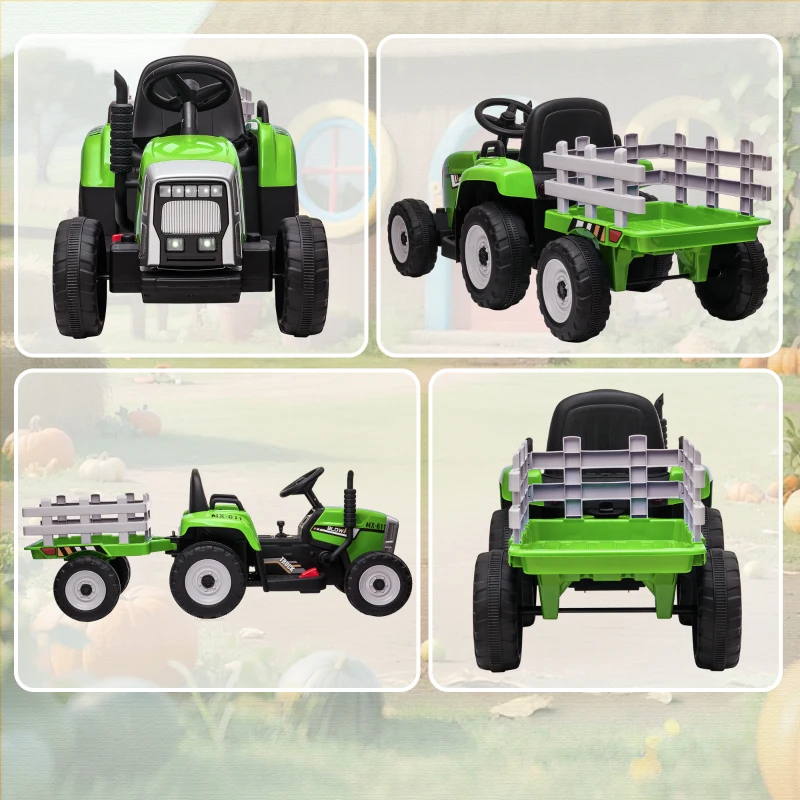 Aosom 12V Kids Ride on Tractor with Trailer, Battery Powered Electric Kids Car with Remote Control, Music Start up Sound and Horn, USB, LED Lights, Green