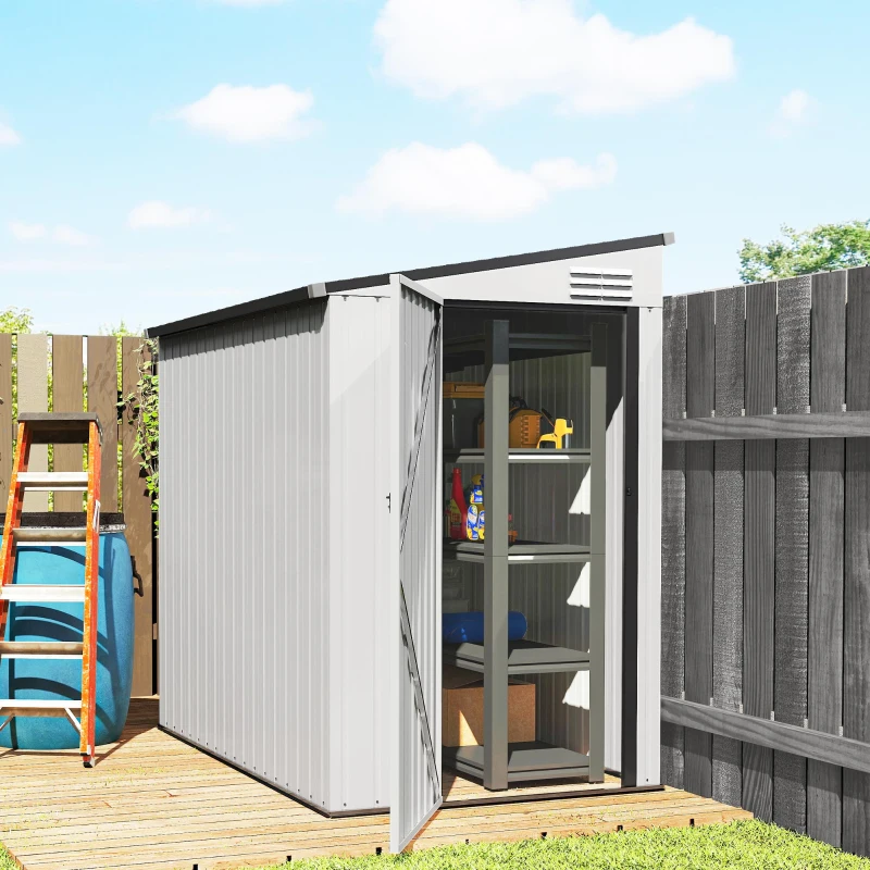 Outsunny 4.3' x 6.3' Outdoor Storage Shed Lean to Shed Outdoor Metal Tool Shed with Lockable Door and Air Vents, White
