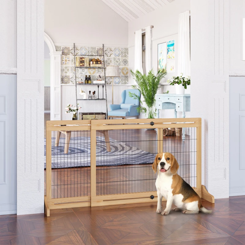 PawHut 71" W x 27" H Extra Wide Freestanding Pet Gate with Adjustable Length Dog, Cat, Barrier for House, Doorway, Hallway, Natural