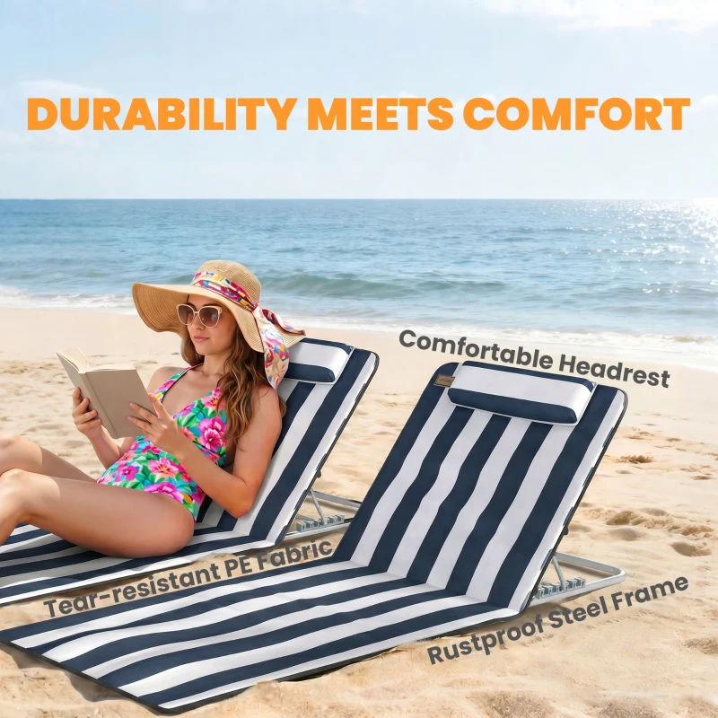 Outsunny 2 Pieces Beach Lounge Chair, Outdoor Folding Chaise Lounge Set w/ Pillow for Sunbath, Snap, Blue and White