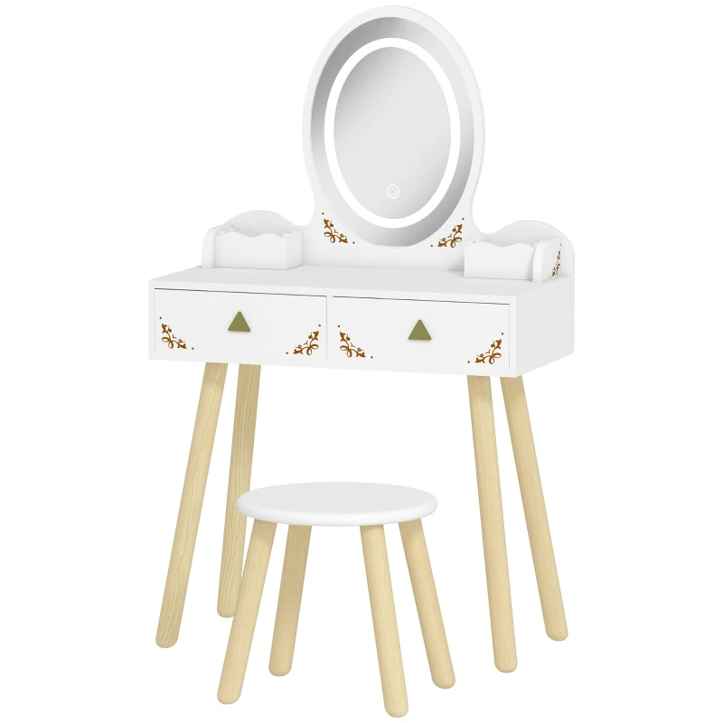 Qaba Kids Vanity Set with Mirror, Stool, 3-Colour LED Lights, Girls Dressing Table Pretend Play for Kids Room, Pink