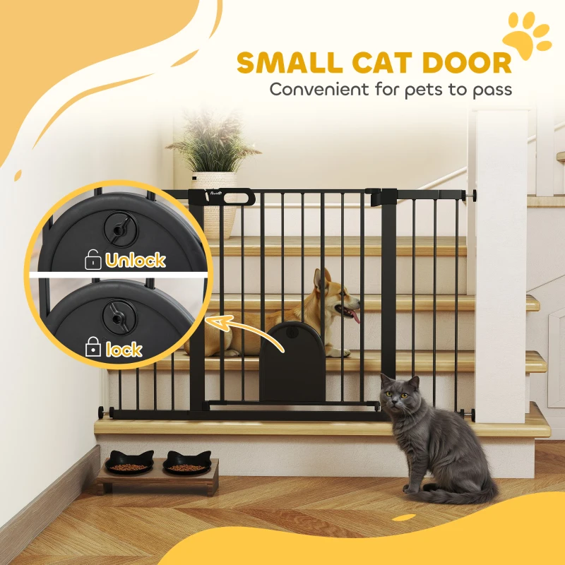 PawHut 30"-52" Extra Wide Pet Gate Barrier with Small Door, 30"H Dog Gate with Safety Gate Barrier, Stair Pressure Fit, Black
