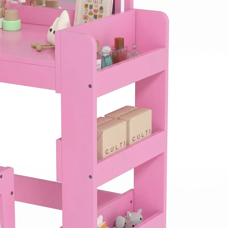 Qaba Kids Vanity Set, Toddler Dressing Table and Chair Set  with Lighted Mirror, Cabinet, Drawer and Shelves, Pink