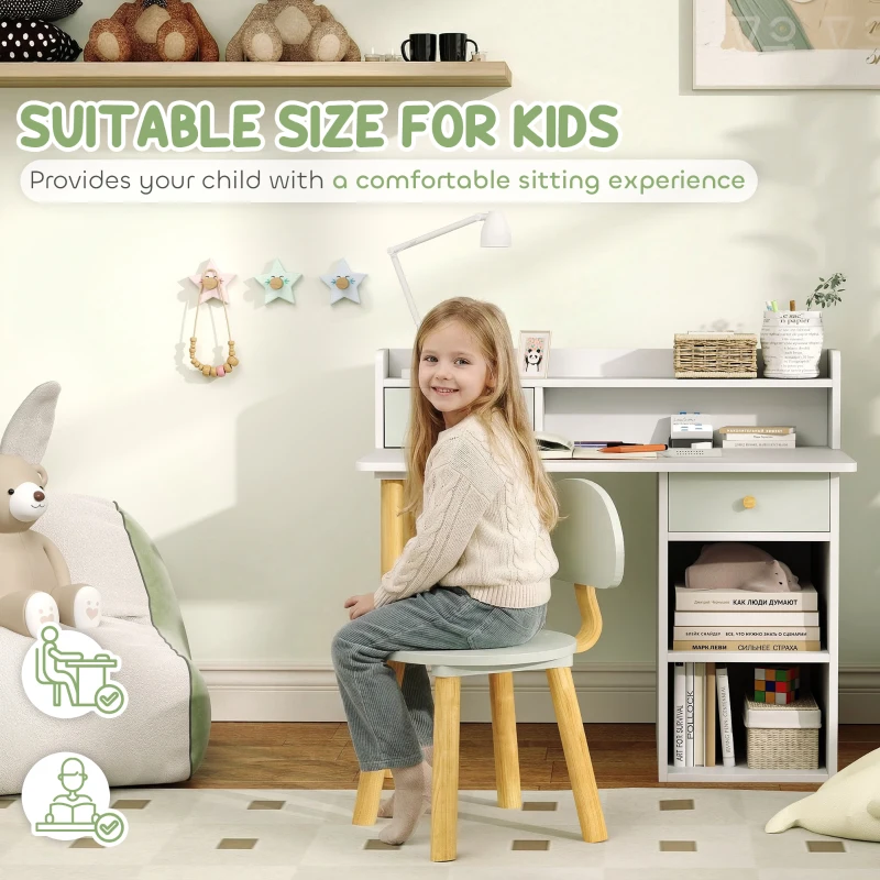 Qaba Kids Study Table and Chair Set, Kids Desk and Chair Set w/ Storage and Shelves, for 3-8 Year Old, Green