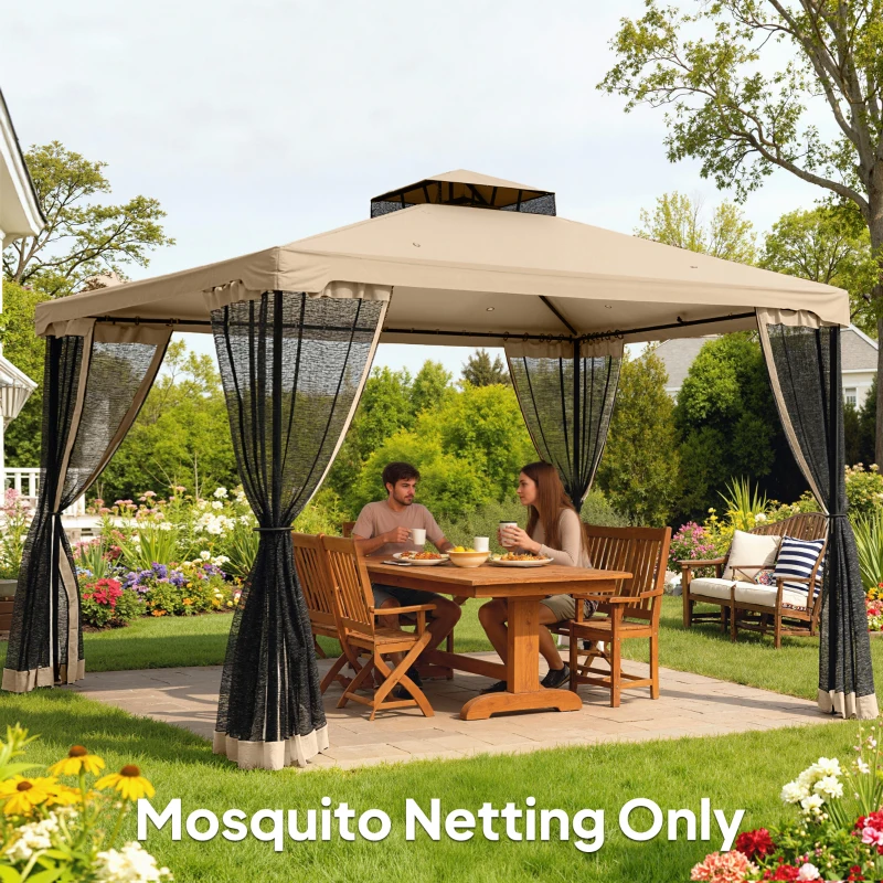 Outsunny Replacement Mosquito Netting for Gazebo 12' x 12' Black Screen Walls for Canopy with Zippers, Beige