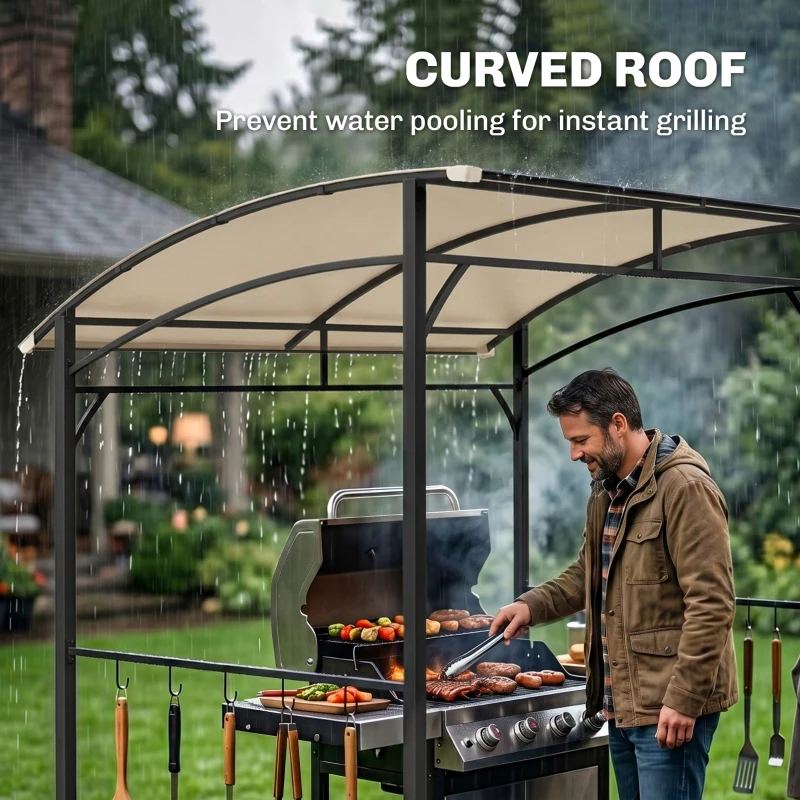 Outsunny 7' x 5' BBQ Grill Gazebo Tent, Garden Grill Canopy with Steel Frame and Hooks, Outdoor Sun Shade, Beige