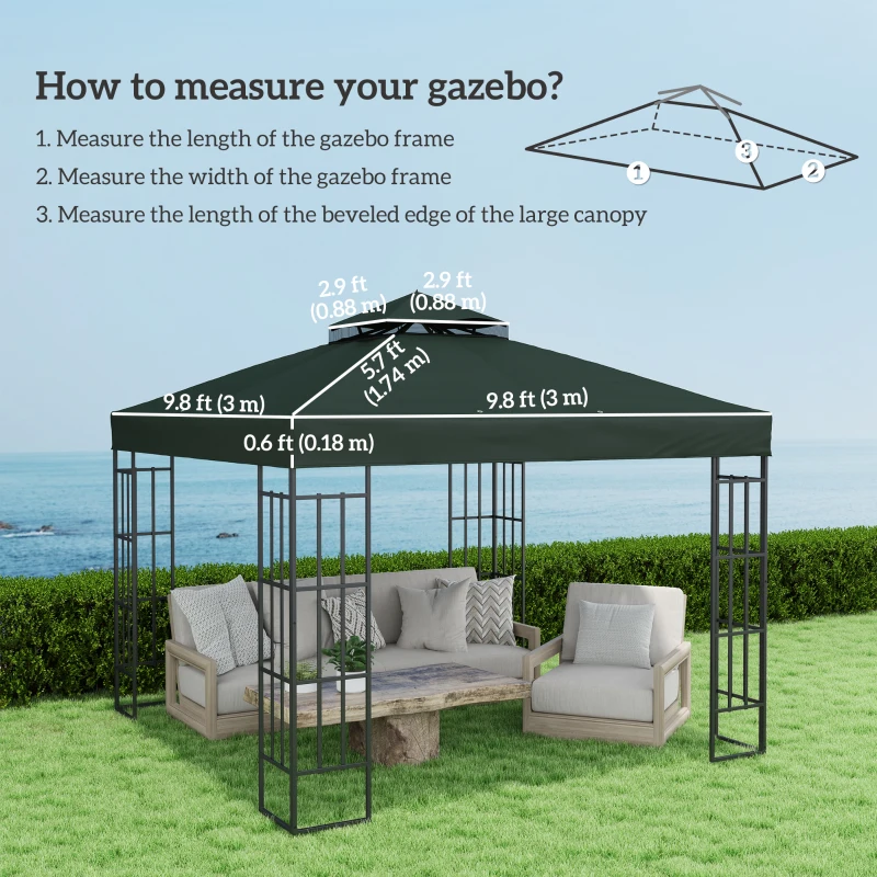 Outsunny 10' x 10' Gazebo Canopy Replacement Cover, 2-Tier Garden Gazebo Roof Replacement, UPF30+, TOP COVER ONLY, Green