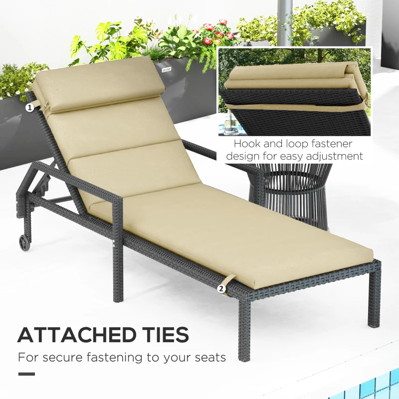 Outsunny Patio Chaise Lounge Chair Cushions Replacement Sun Lounger Pads with Headrest and Ties, Set of 2, Beige