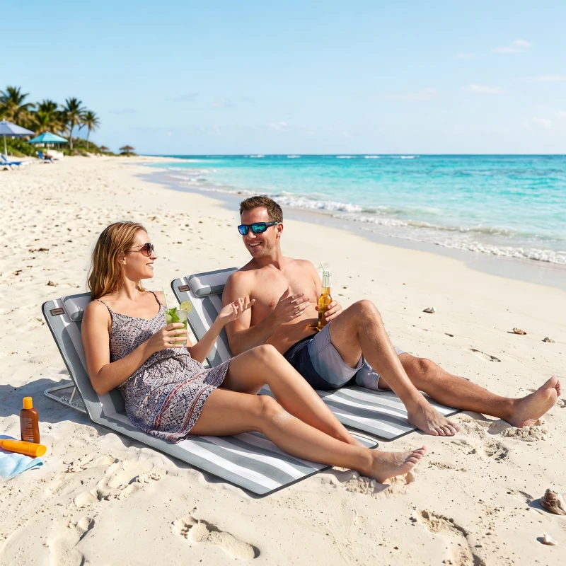 Outsunny 2 Pieces Beach Lounge Chair, Outdoor Folding Chaise Lounge Set w/ Pillow for Sunbath, Snap, Light Grey and White