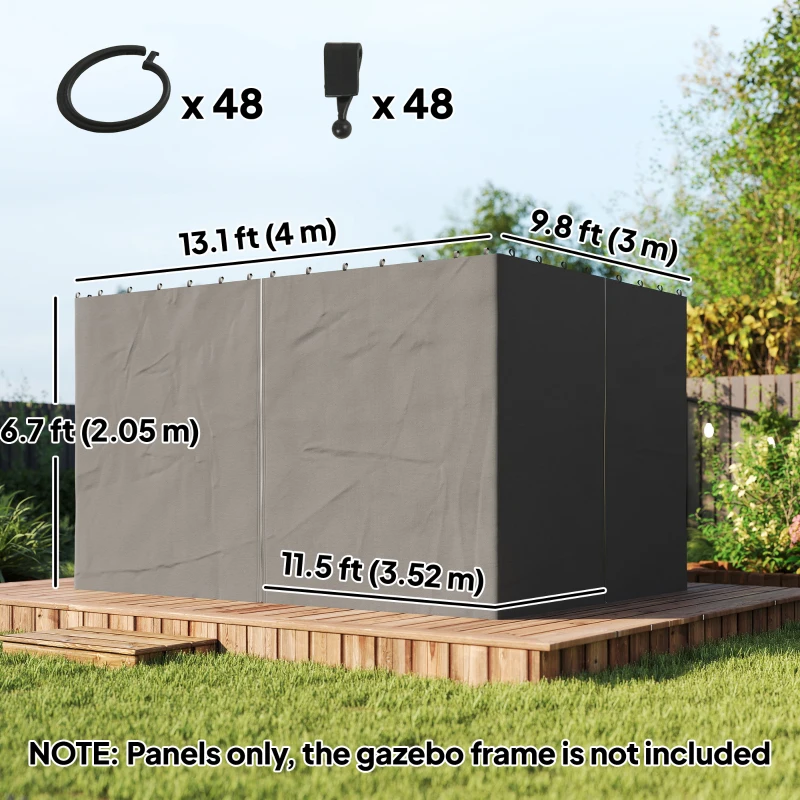 Outsunny Gazebo Curtains, 10' x 13' Universal Replacement Privacy Curtain, 4-Panels Sidewall with Hooks/C-Rings, Grey