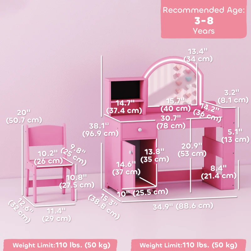 Qaba Kids Vanity Set, Toddler Dressing Table and Chair Set  with Lighted Mirror, Cabinet, Drawer and Shelves, Pink