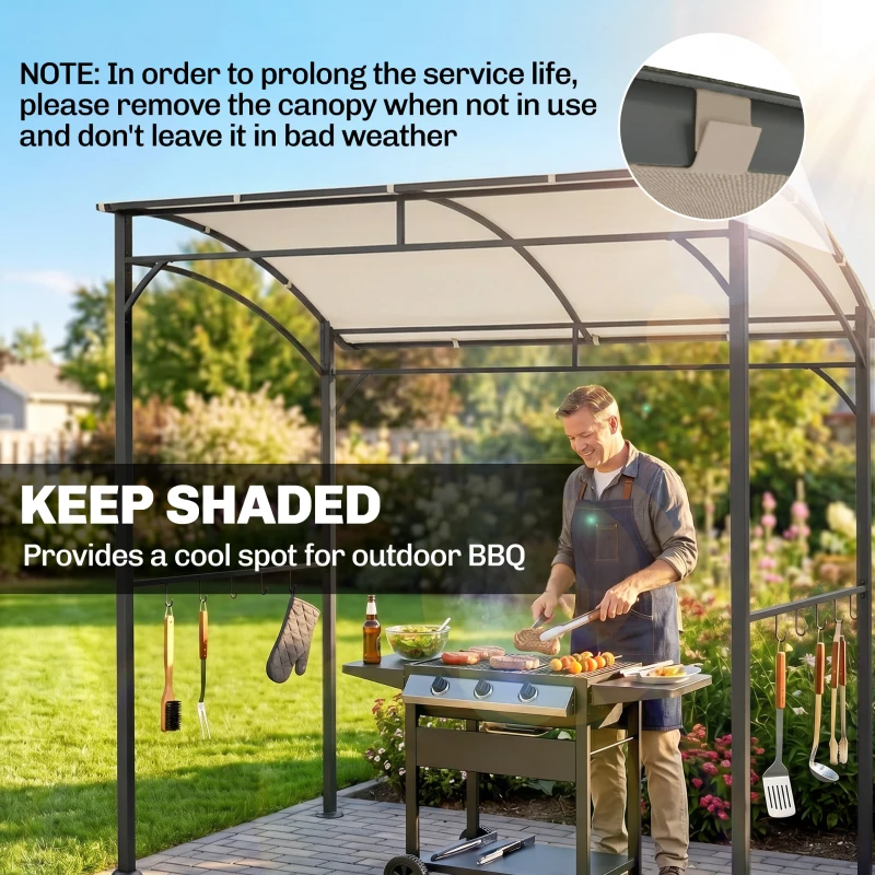Outsunny 7' x 5' BBQ Grill Gazebo Tent, Garden Grill Canopy with Steel Frame and Hooks, Outdoor Sun Shade, Beige