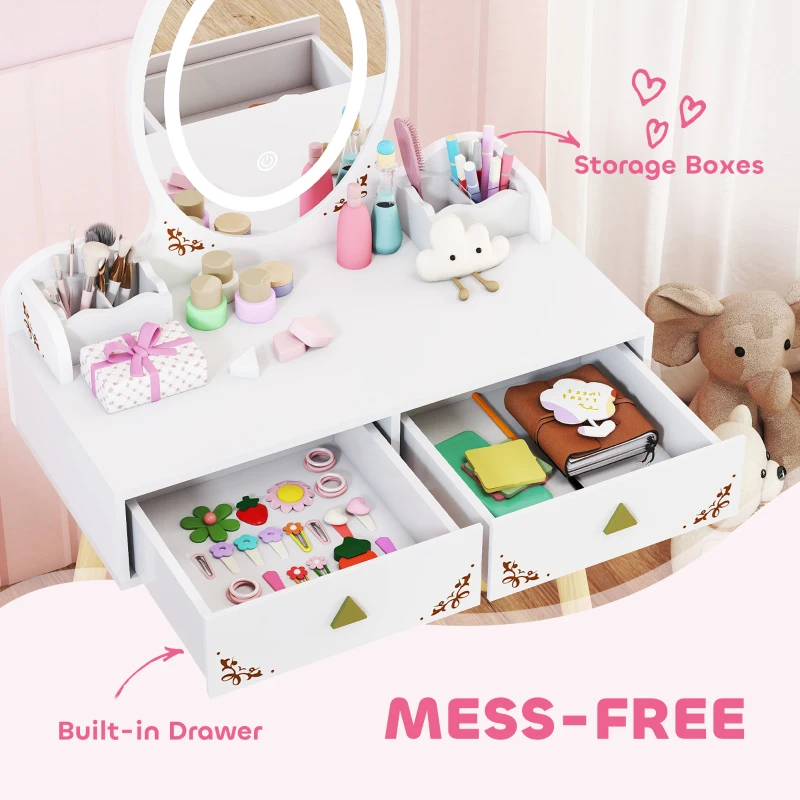 Qaba Kids Vanity Set with Mirror, Stool, 3-Colour LED Lights, Girls Dressing Table Pretend Play for Kids Room, Pink